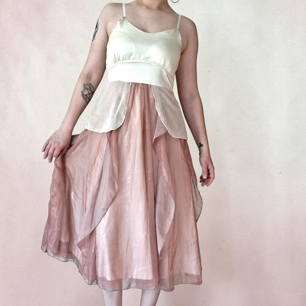 Vintage Y2K Dusty Rose Pink Cream Ivory Organza Layered Midi Dress Fairycore M - Picture 1 of 16